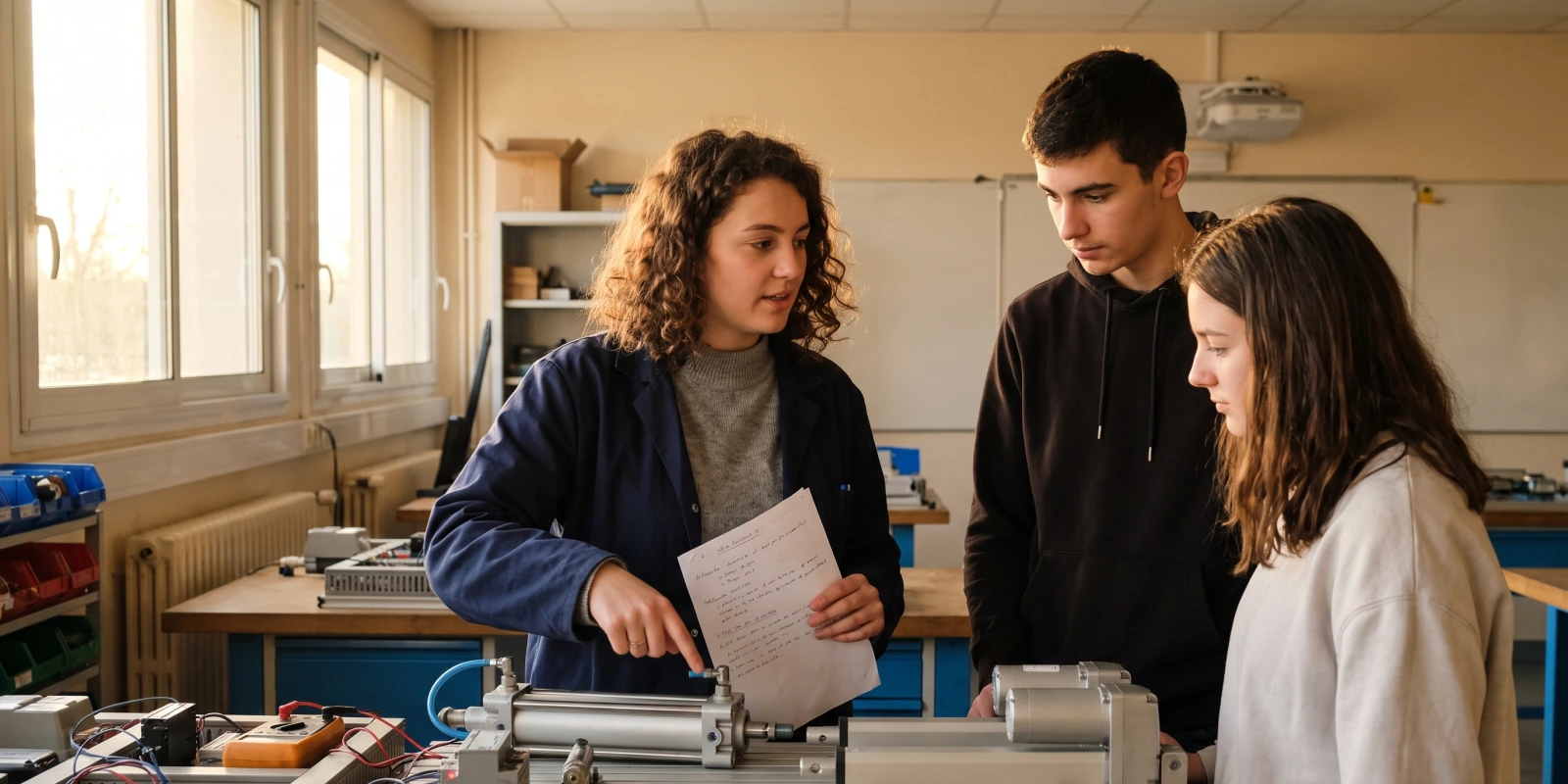 BTS CRSA : sujet et corrigé de l’épreuve E4 Une étudiante en blouse montre un vérin pneumatique à deux camarades dans un atelier d'automatismes